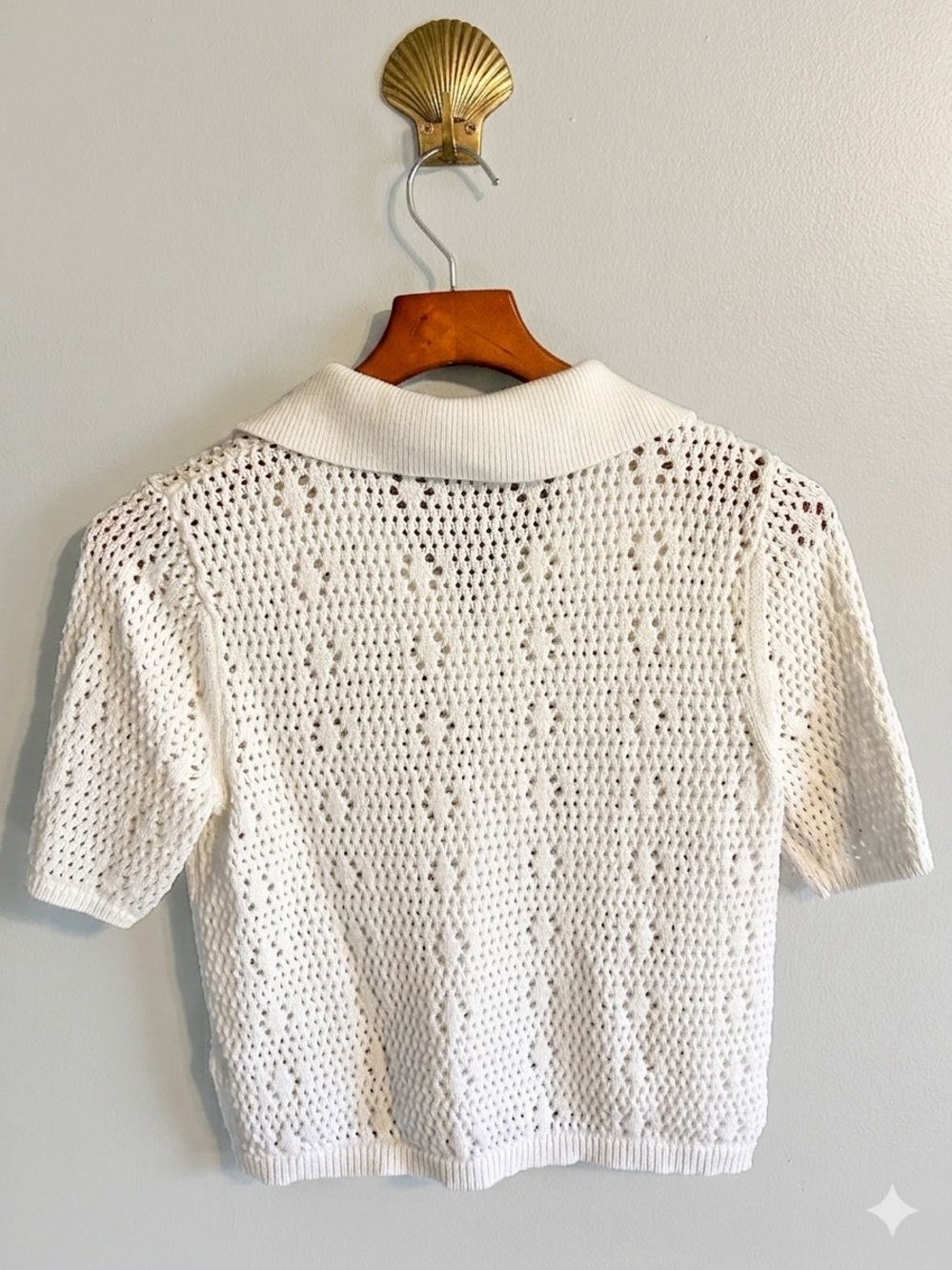 Tahari White Crochet Short Sleeve Polo Top - Picture 2 of 6